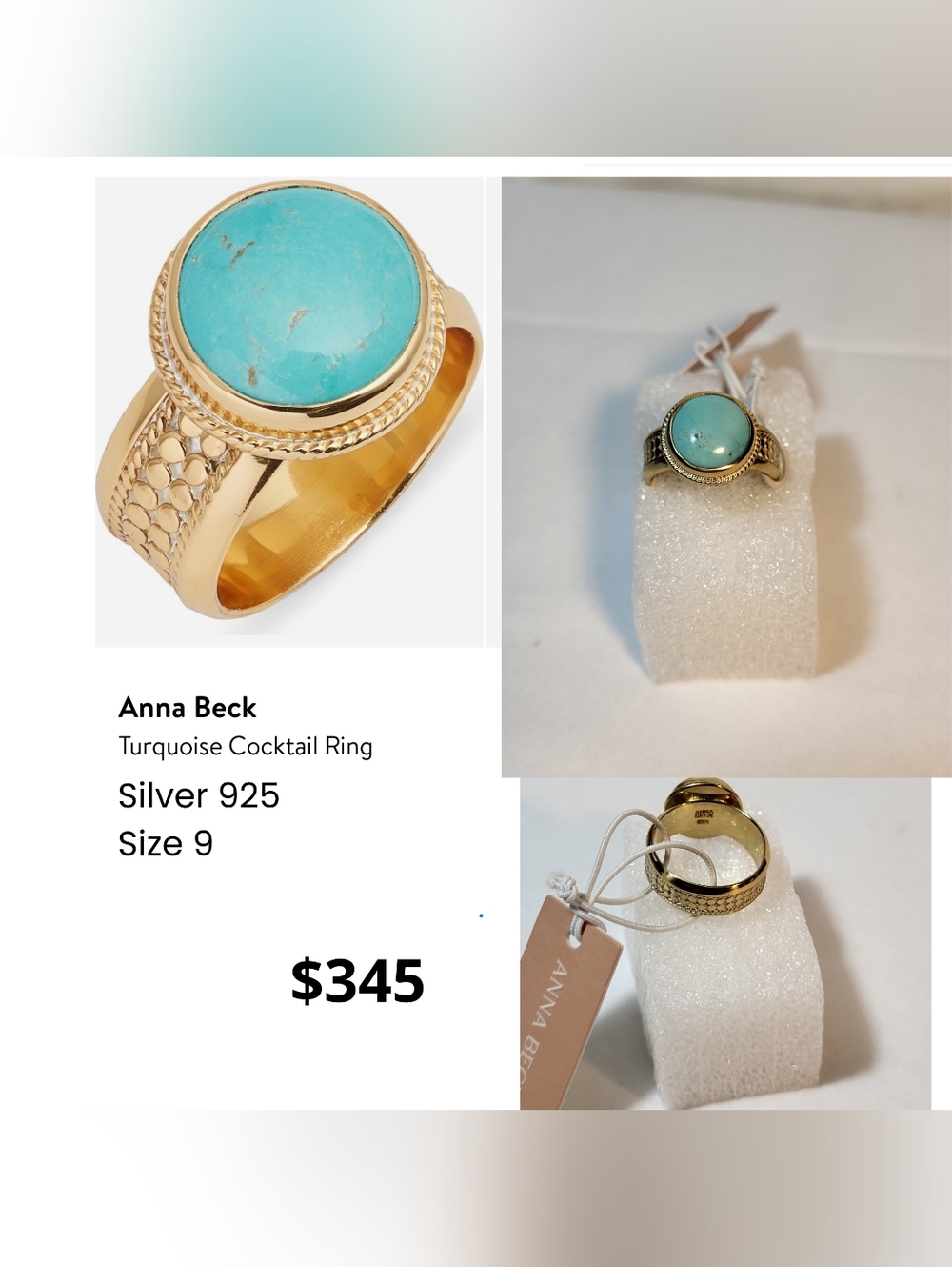 Anna Beck Cocktail Ring in Gold with Turquoise Stone. Not Orig Pack. #009